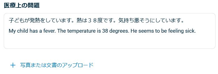 症状を日本語で入力すると英語も併記される画面。写真の添付も可能